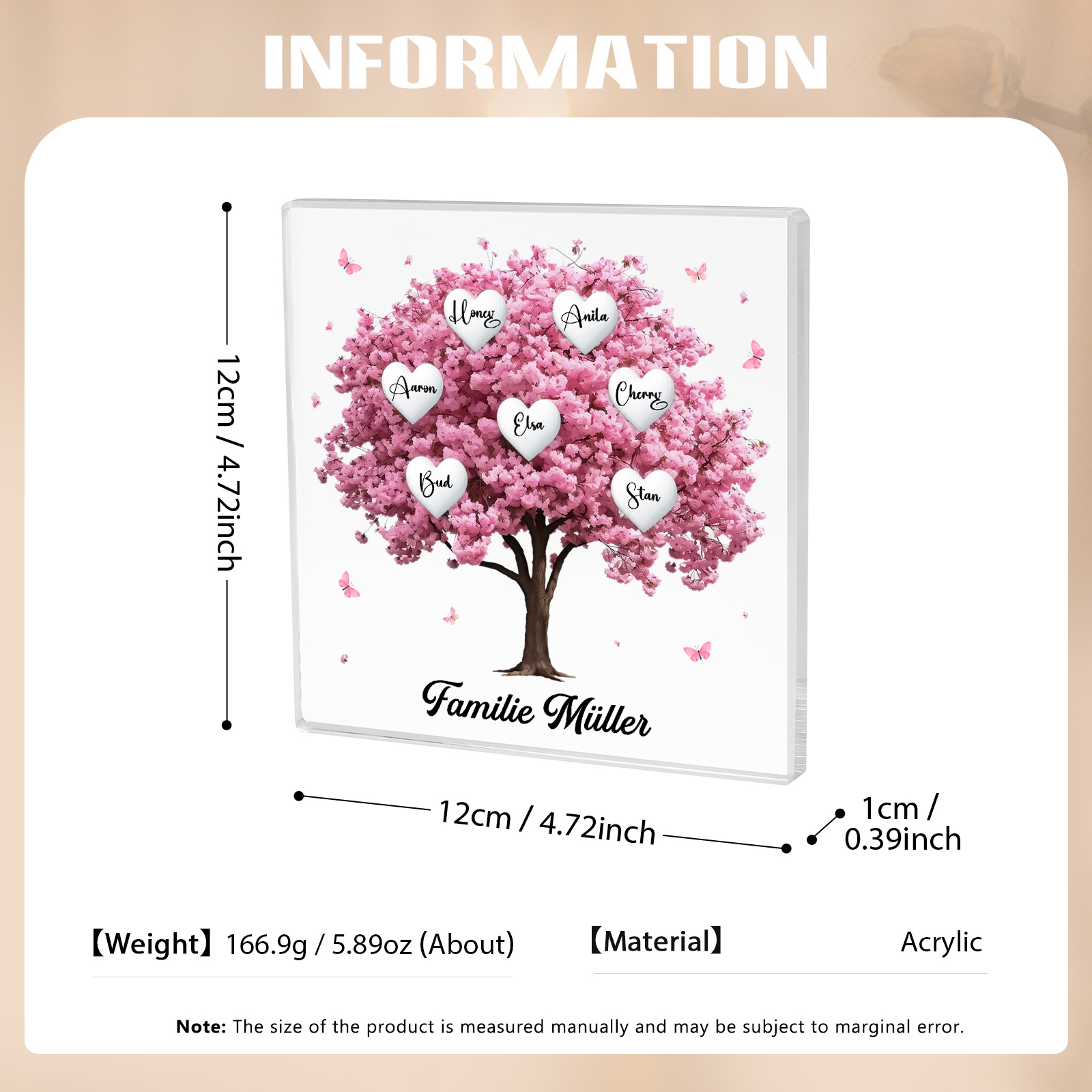 Personalisierte 7 Namen & Text Quadrat Acryl-Deko mit Rosa Familienbaum – Liebevolles Geschenk für Familie
