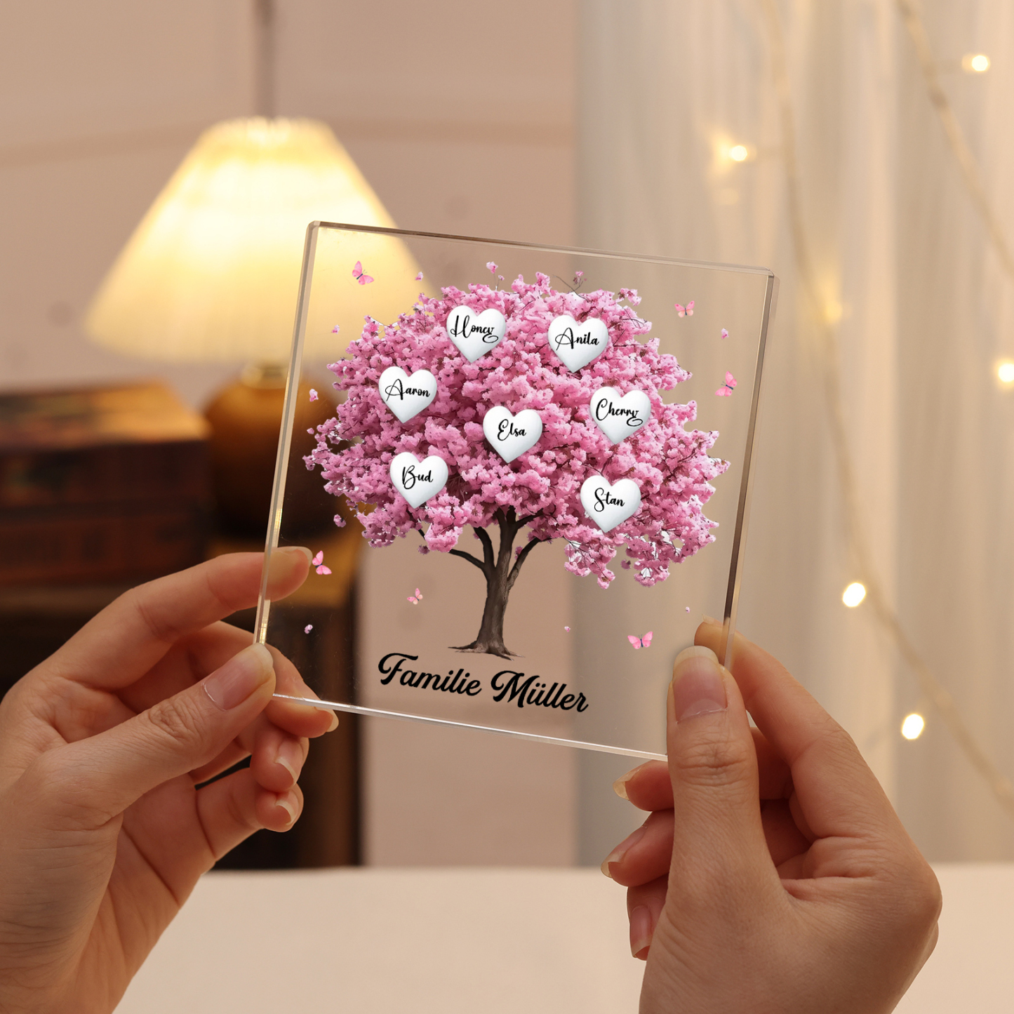 Personalisierte 7 Namen & Text Quadrat Acryl-Deko mit Rosa Familienbaum – Liebevolles Geschenk für Familie