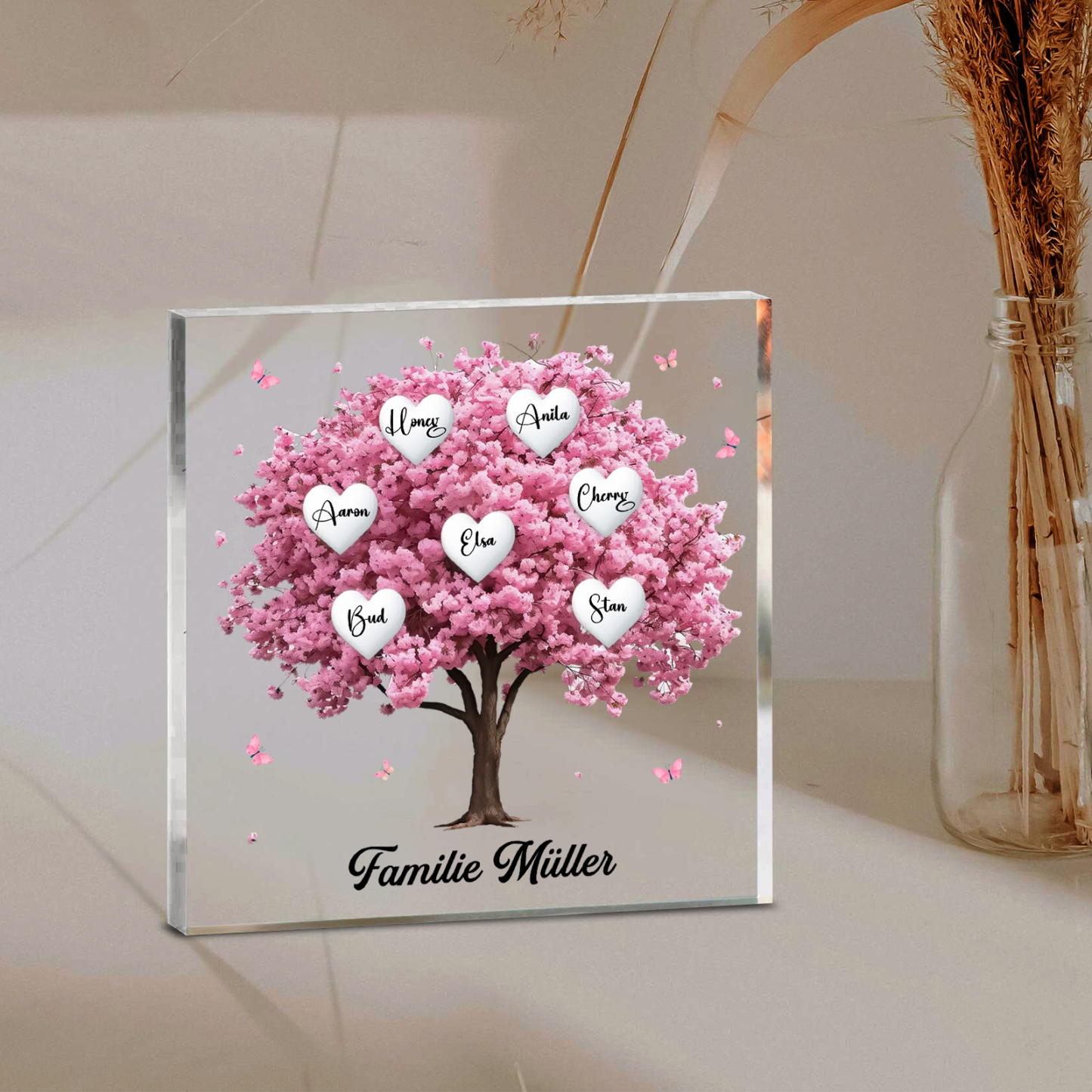 Personalisierte 7 Namen & Text Quadrat Acryl-Deko mit Rosa Familienbaum – Liebevolles Geschenk für Familie