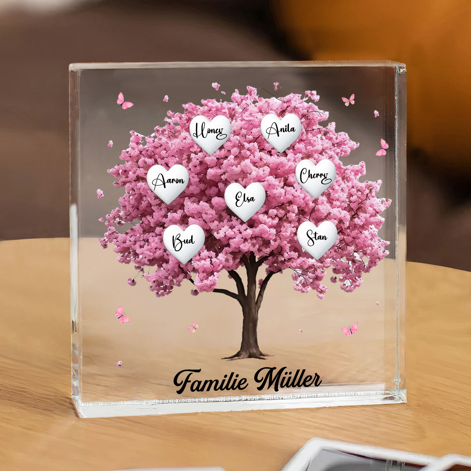 Personalisierte 7 Namen & Text Quadrat Acryl-Deko mit Rosa Familienbaum – Liebevolles Geschenk für Familie