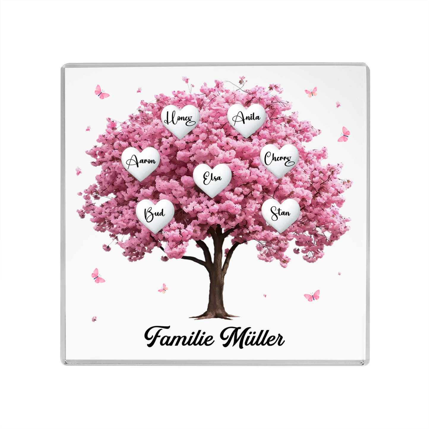 Personalisierte 7 Namen & Text Quadrat Acryl-Deko mit Rosa Familienbaum – Liebevolles Geschenk für Familie