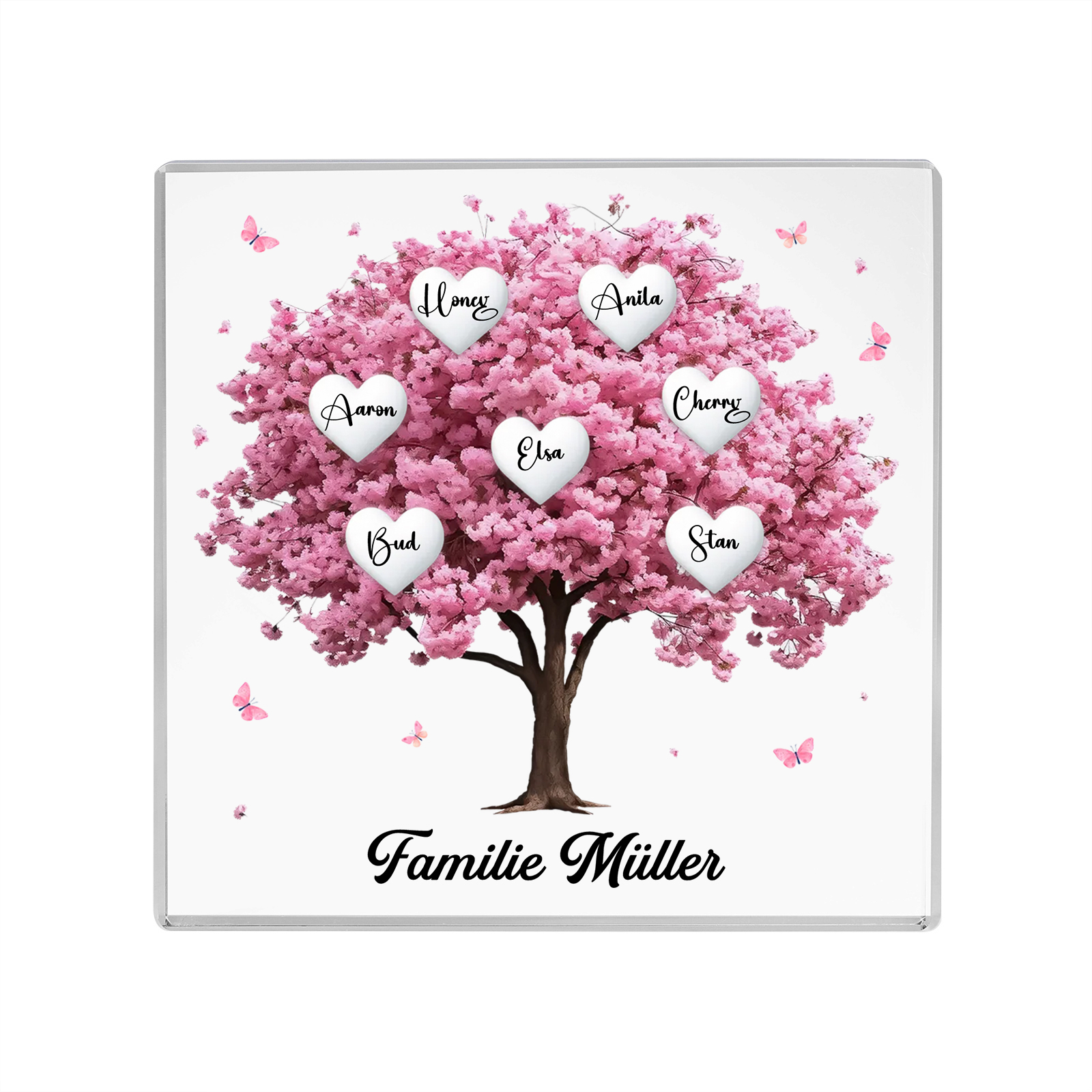 Personalisierte 7 Namen & Text Quadrat Acryl-Deko mit Rosa Familienbaum – Liebevolles Geschenk für Familie