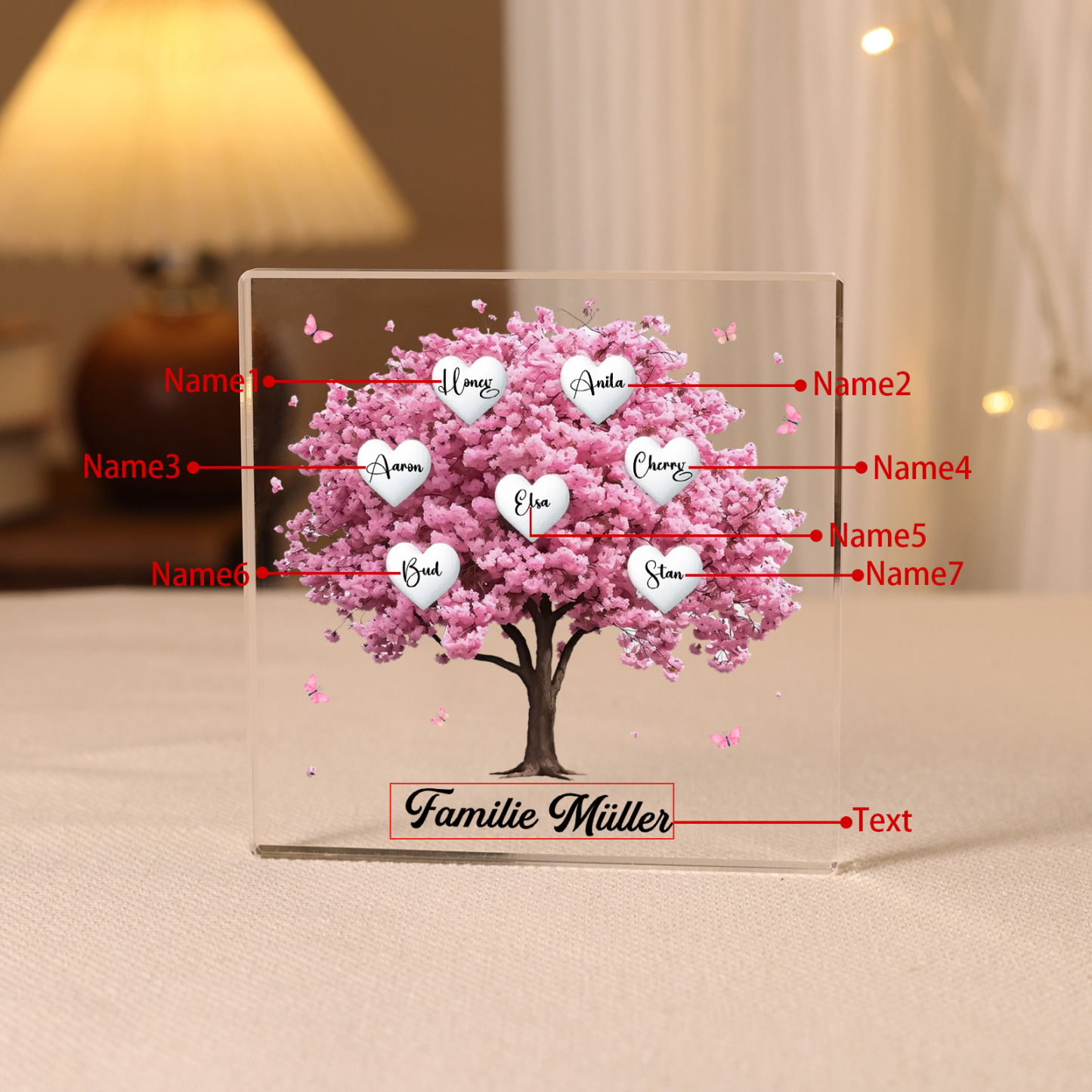 Personalisierte 7 Namen & Text Quadrat Acryl-Deko mit Rosa Familienbaum – Liebevolles Geschenk für Familie