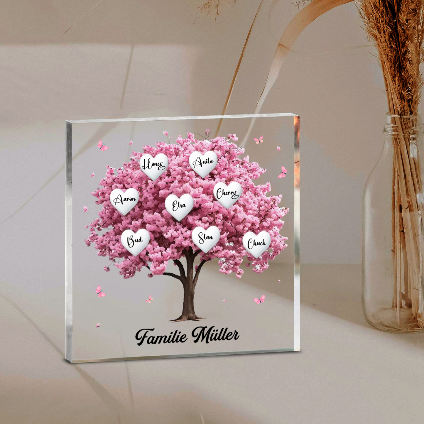 Personalisierte 8 Namen & Text Quadrat Acryl-Deko mit Rosa Familienbaum – Liebevolles Geschenk für Familie
