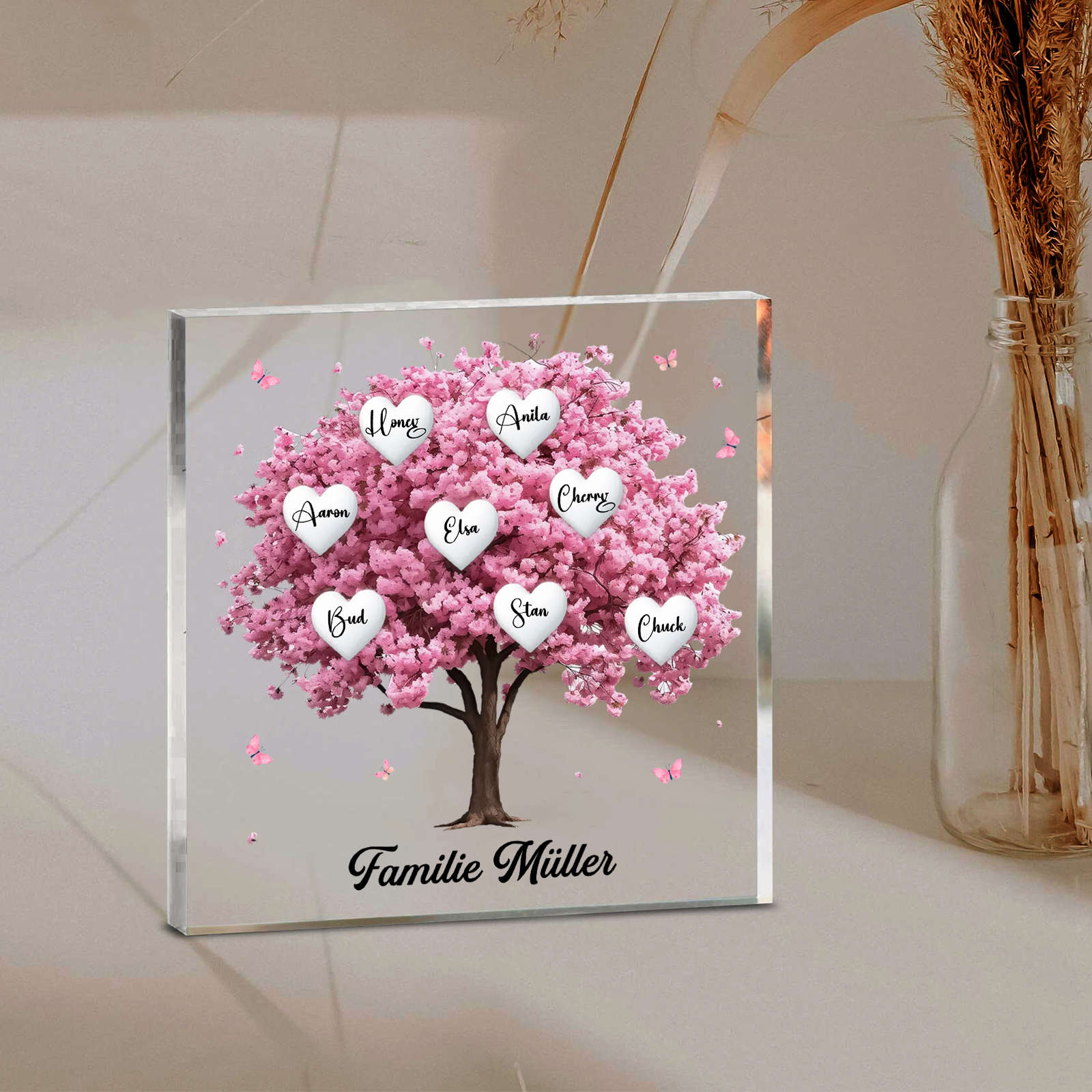 Personalisierte 8 Namen & Text Quadrat Acryl-Deko mit Rosa Familienbaum – Liebevolles Geschenk für Familie