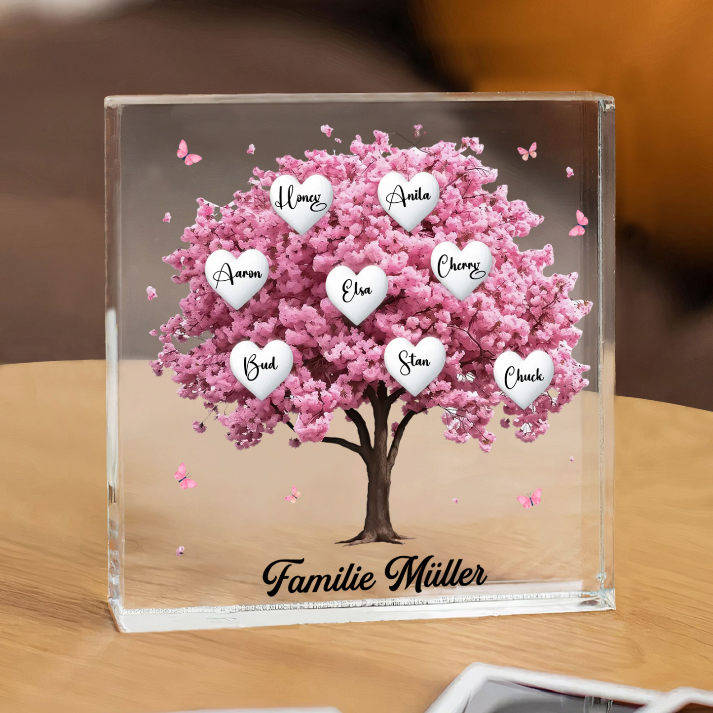 Personalisierte 8 Namen & Text Quadrat Acryl-Deko mit Rosa Familienbaum – Liebevolles Geschenk für Familie