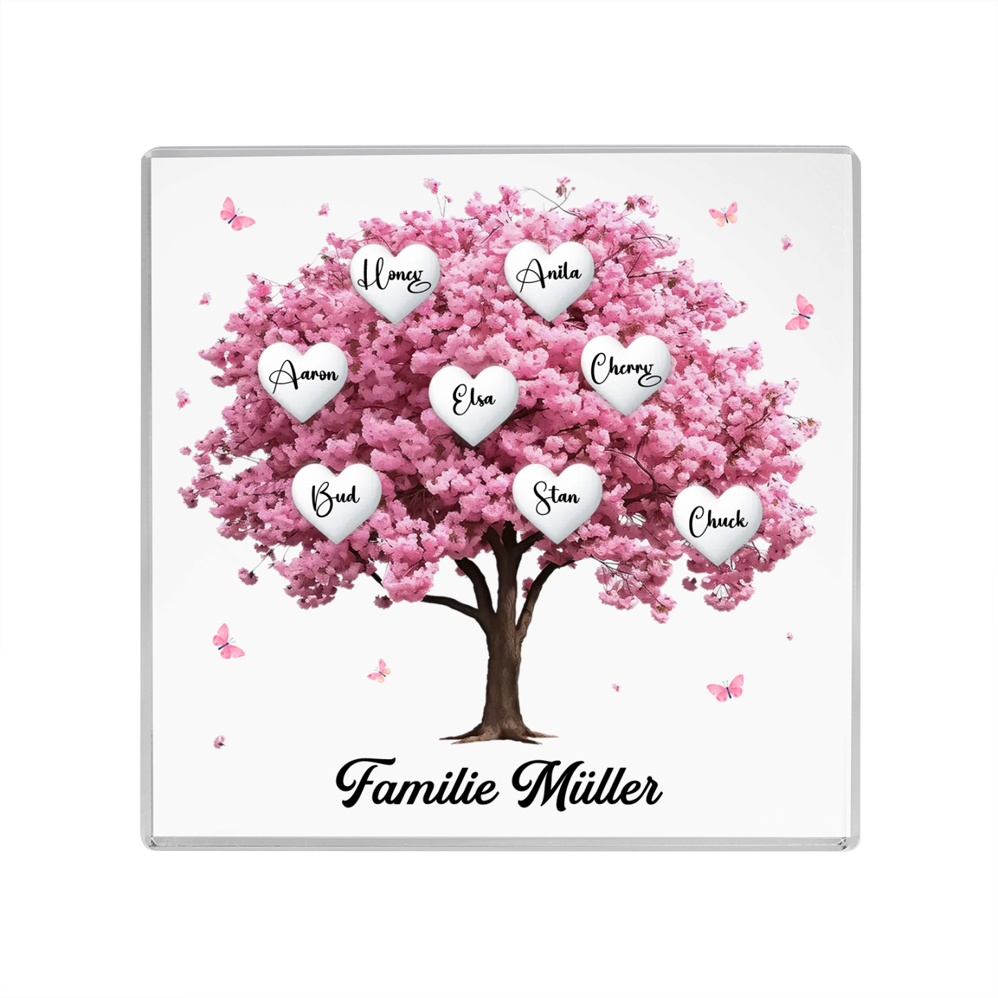 Personalisierte 8 Namen & Text Quadrat Acryl-Deko mit Rosa Familienbaum – Liebevolles Geschenk für Familie
