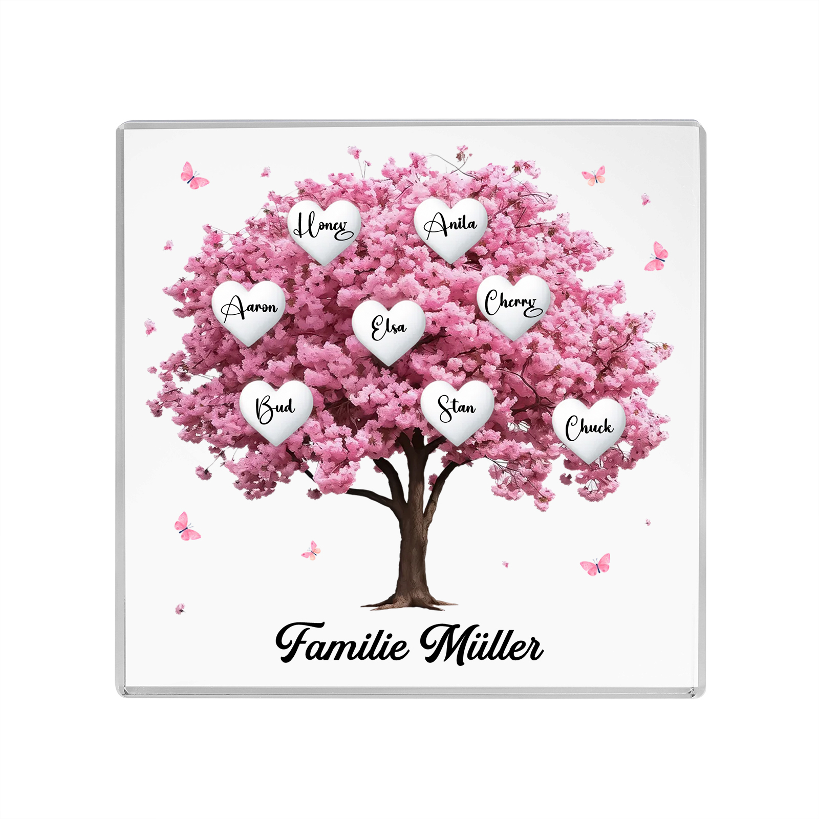 Personalisierte 8 Namen & Text Quadrat Acryl-Deko mit Rosa Familienbaum – Liebevolles Geschenk für Familie