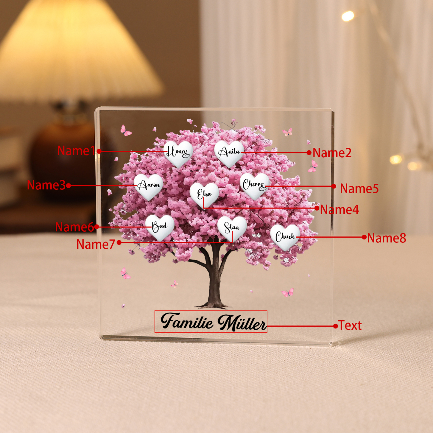 Personalisierte 8 Namen & Text Quadrat Acryl-Deko mit Rosa Familienbaum – Liebevolles Geschenk für Familie