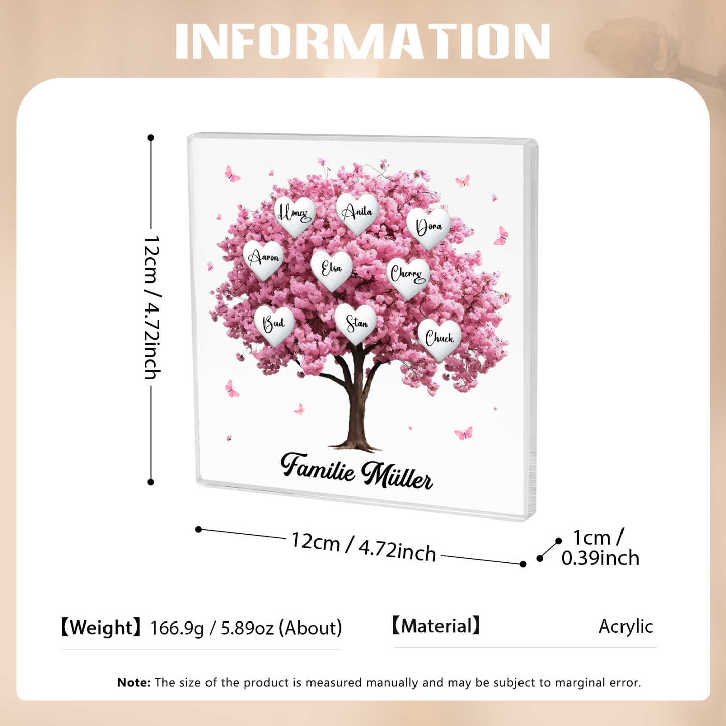 Personalisierte 9 Namen & Text Quadrat Acryl-Deko mit Rosa Familienbaum – Liebevolles Geschenk für Familie