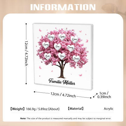 Personalisierte 9 Namen & Text Quadrat Acryl-Deko mit Rosa Familienbaum – Liebevolles Geschenk für Familie