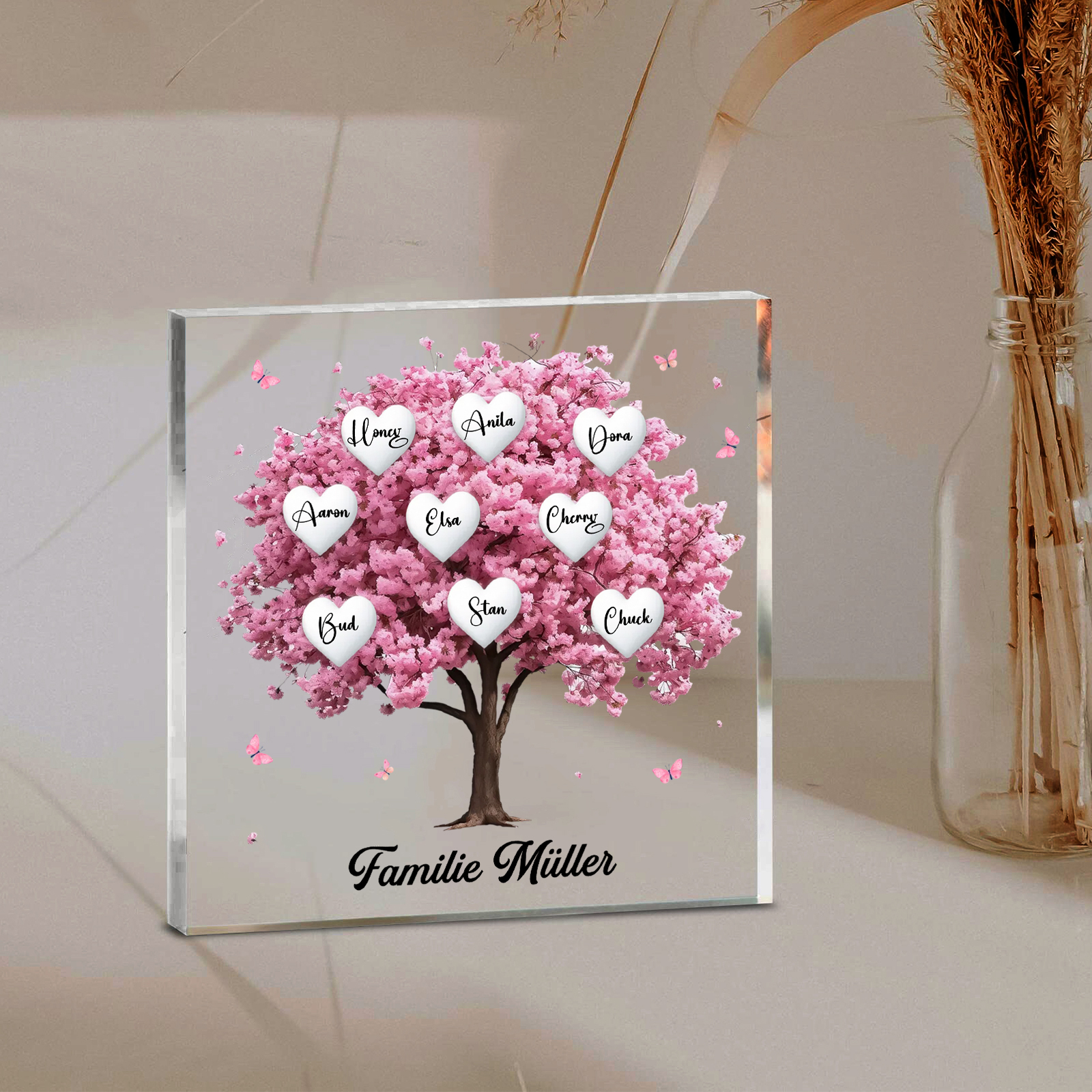 Personalisierte 9 Namen & Text Quadrat Acryl-Deko mit Rosa Familienbaum – Liebevolles Geschenk für Familie