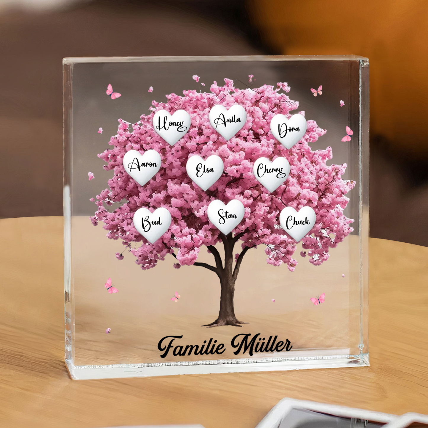 Personalisierte 9 Namen & Text Quadrat Acryl-Deko mit Rosa Familienbaum – Liebevolles Geschenk für Familie