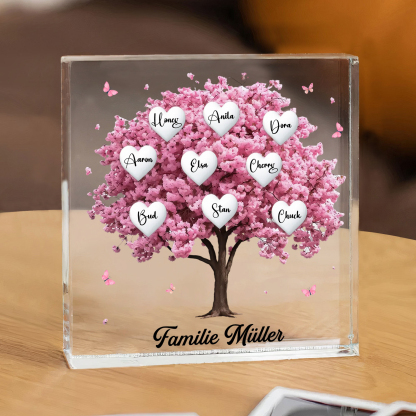 Personalisierte 9 Namen & Text Quadrat Acryl-Deko mit Rosa Familienbaum – Liebevolles Geschenk für Familie
