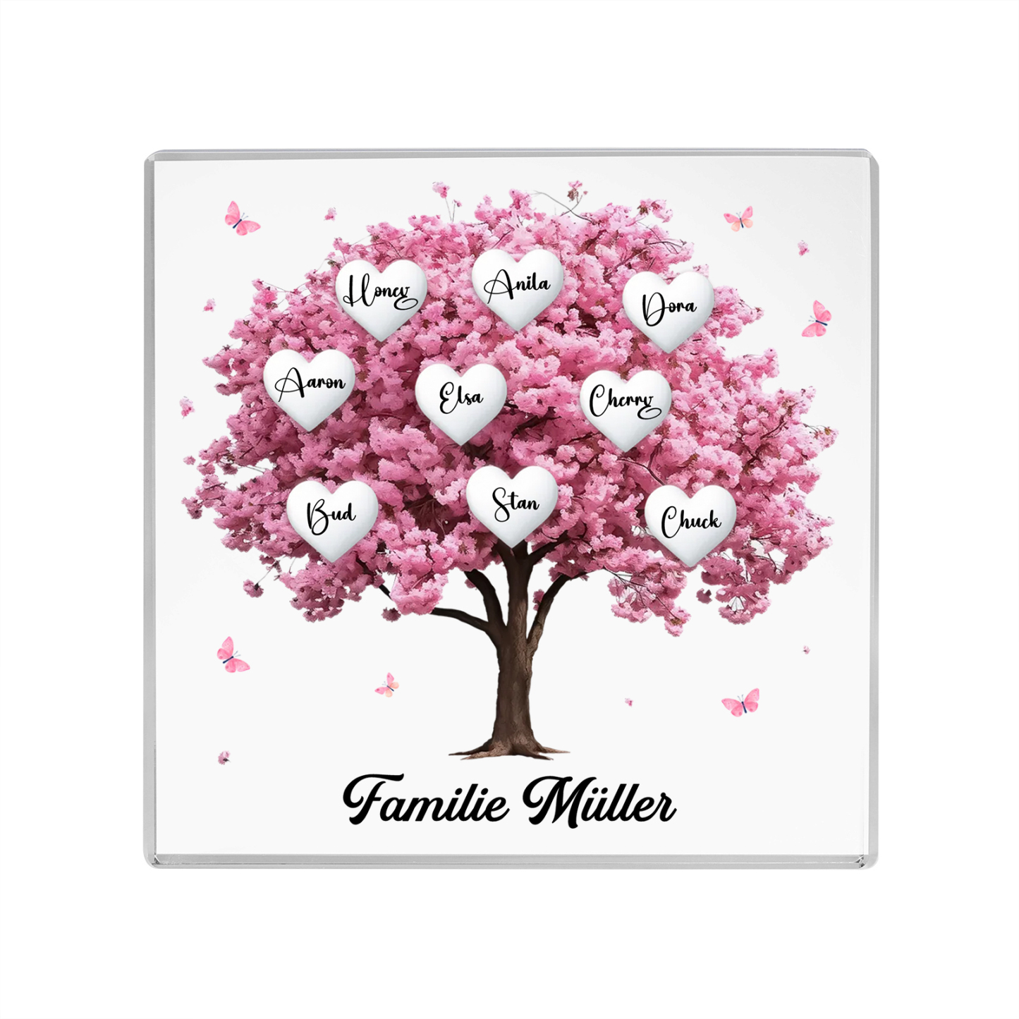 Personalisierte 9 Namen & Text Quadrat Acryl-Deko mit Rosa Familienbaum – Liebevolles Geschenk für Familie