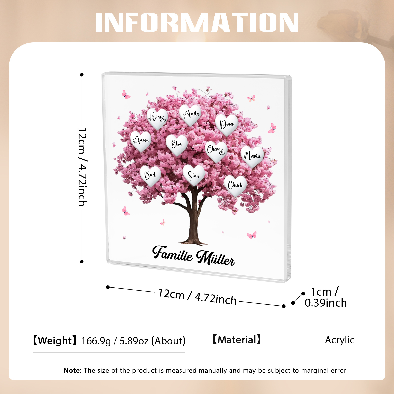 Personalisierte 10 Namen & Text Quadrat Acryl-Deko mit Rosa Familienbaum – Liebevolles Geschenk für Familie