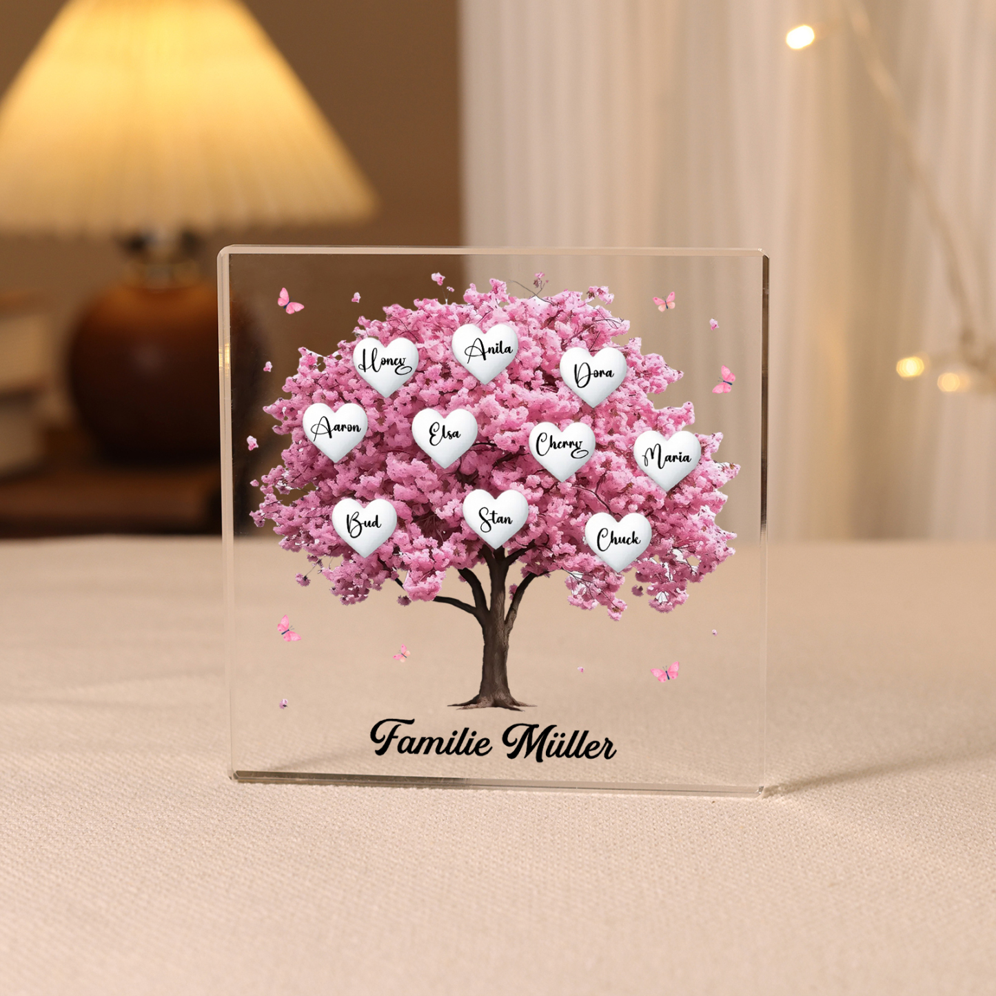 Personalisierte 10 Namen & Text Quadrat Acryl-Deko mit Rosa Familienbaum – Liebevolles Geschenk für Familie