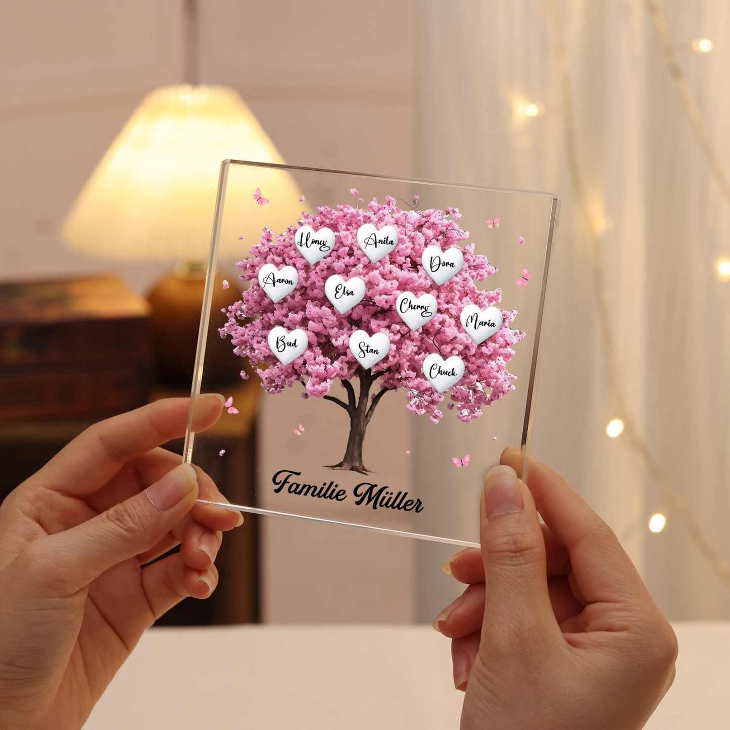 Personalisierte 10 Namen & Text Quadrat Acryl-Deko mit Rosa Familienbaum – Liebevolles Geschenk für Familie