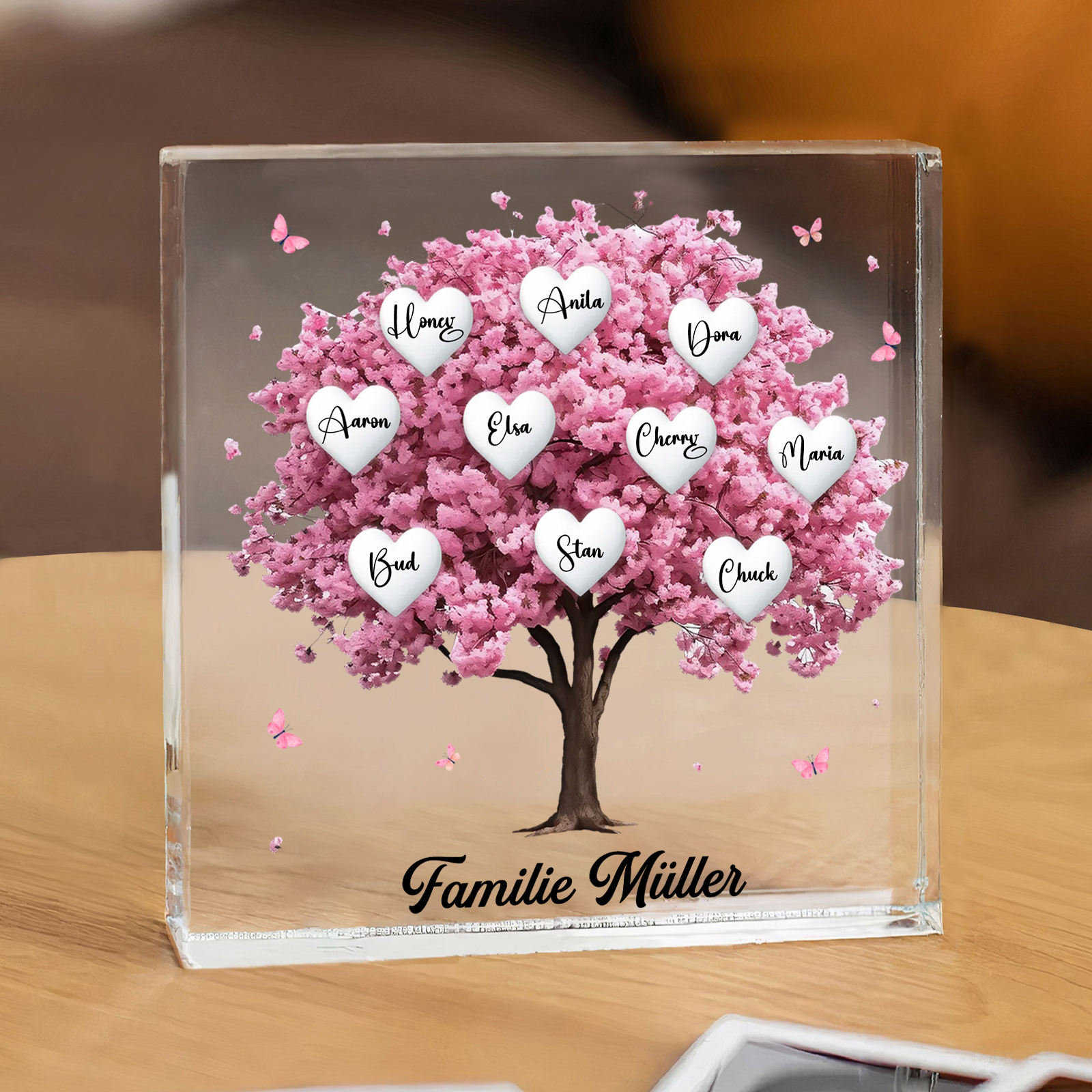 Personalisierte 10 Namen & Text Quadrat Acryl-Deko mit Rosa Familienbaum – Liebevolles Geschenk für Familie