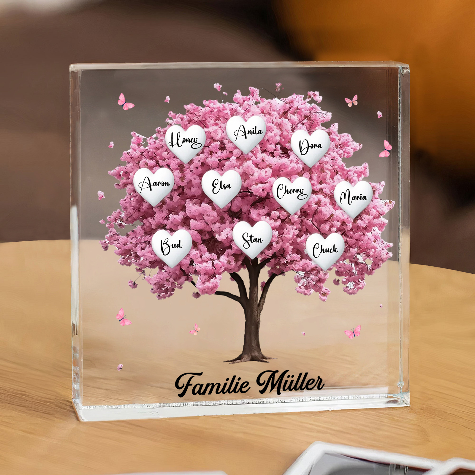 Personalisierte 10 Namen & Text Quadrat Acryl-Deko mit Rosa Familienbaum – Liebevolles Geschenk für Familie