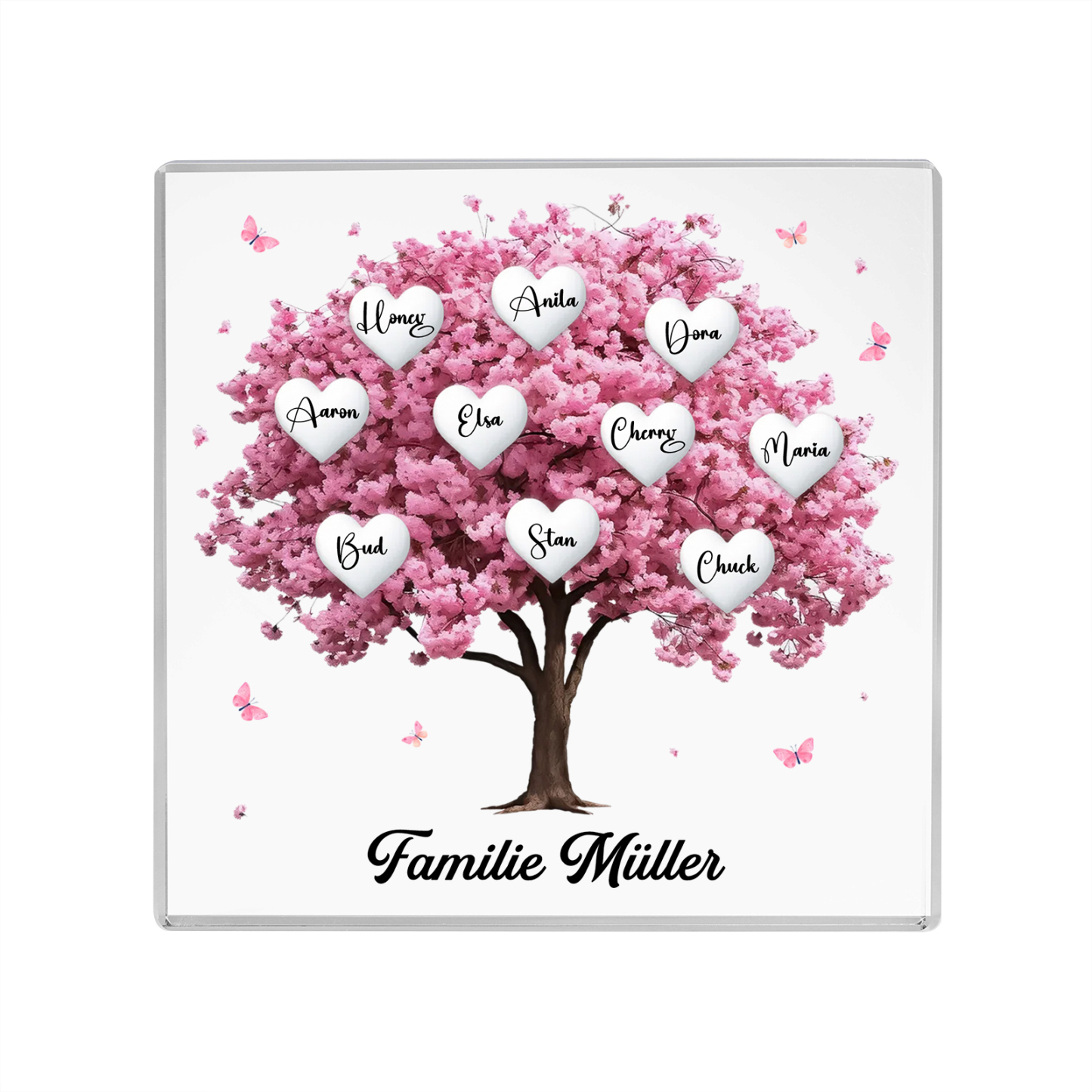 Personalisierte 10 Namen & Text Quadrat Acryl-Deko mit Rosa Familienbaum – Liebevolles Geschenk für Familie