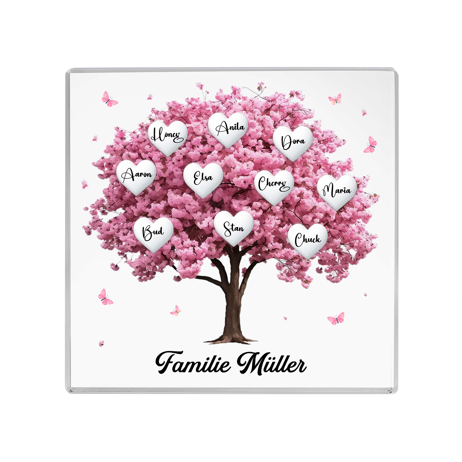 Personalisierte 10 Namen & Text Quadrat Acryl-Deko mit Rosa Familienbaum – Liebevolles Geschenk für Familie