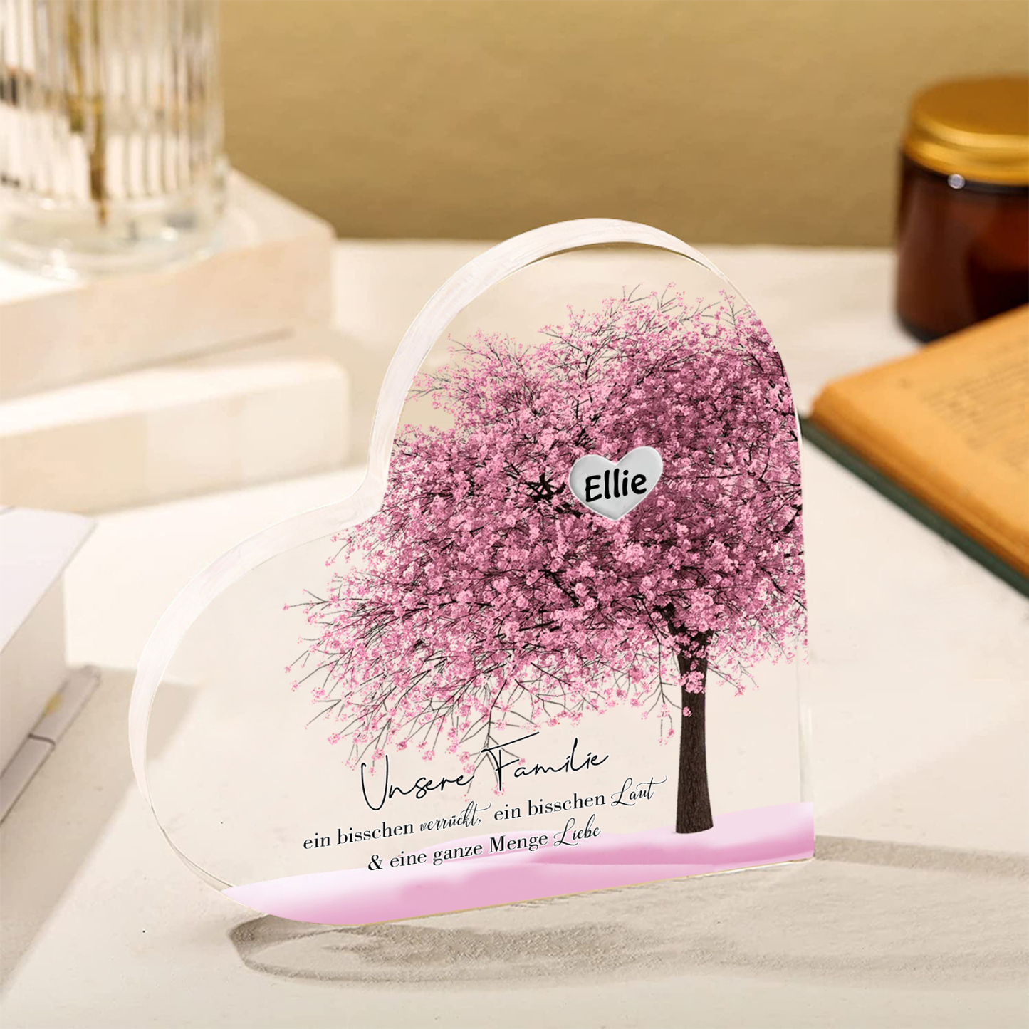 Personalisierter 1 Name & Text Herz Acryl-Deko Familienbaum– Schreibtischdekoration für die Familie