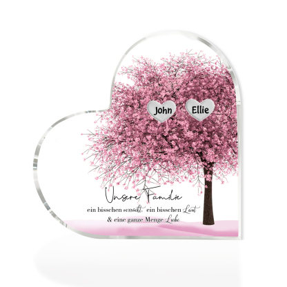 Personalisierte 2 Namen & Text  Herz Acryl-Deko Familienbaum– Schreibtischdekoration für die Familie