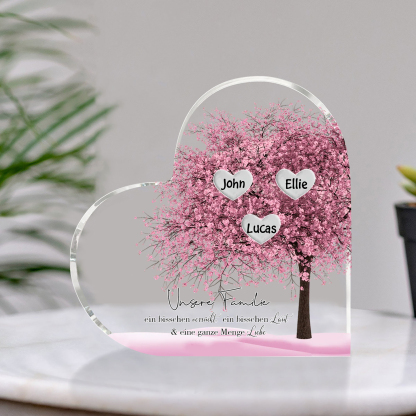 Personalisierte 3 Namen & Text Herz Acryl-Deko Familienbaum– Schreibtischdekoration für die Familie