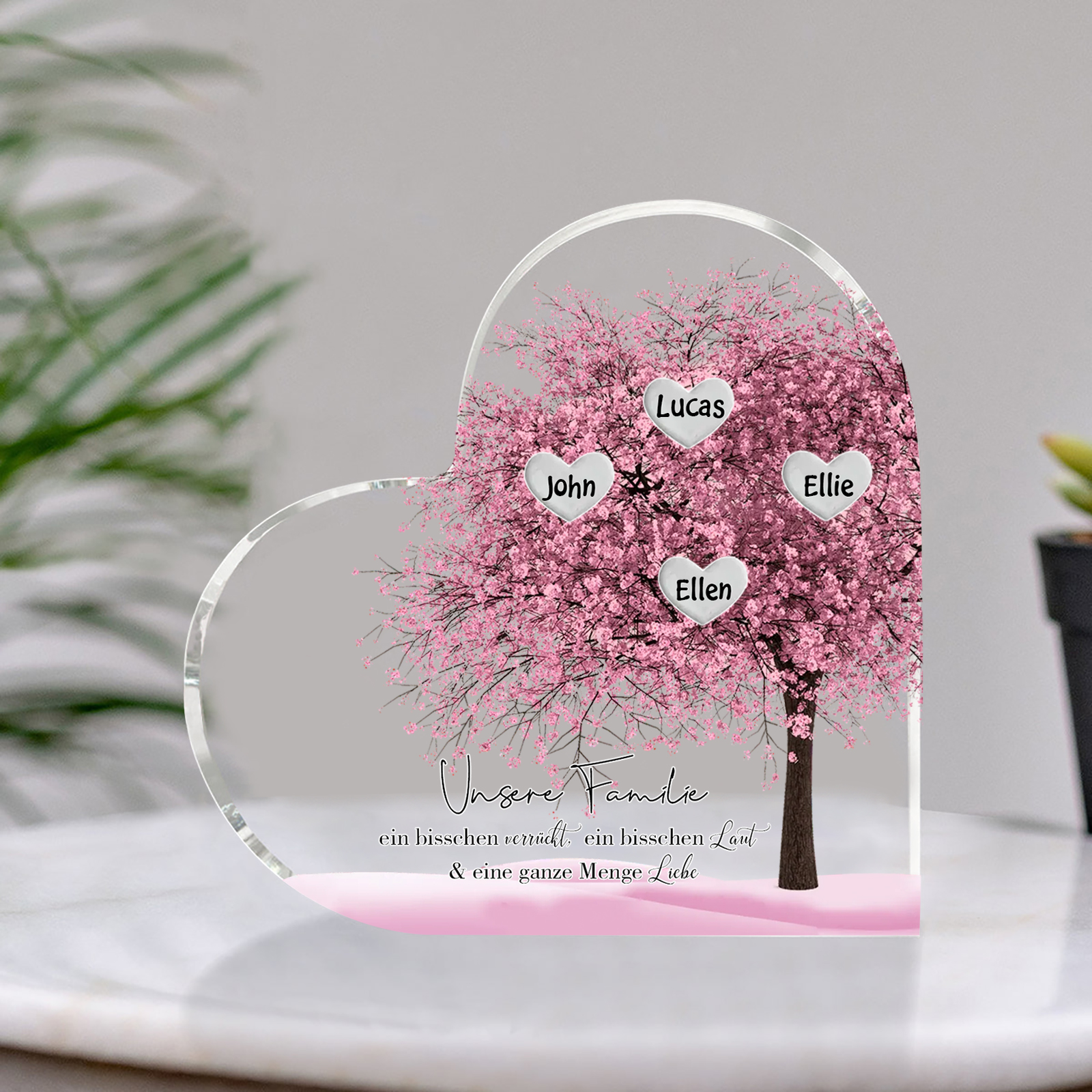 Personalisierte 4 Namen & Text Herz Acryl-Deko Familienbaum– Schreibtischdekoration für die Familie