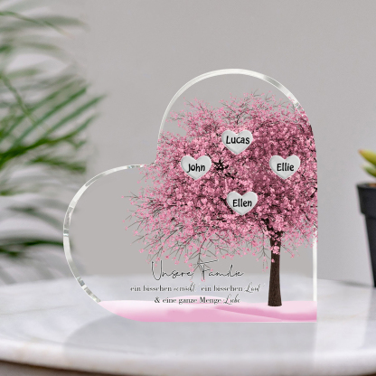 Personalisierte 4 Namen & Text Herz Acryl-Deko Familienbaum– Schreibtischdekoration für die Familie