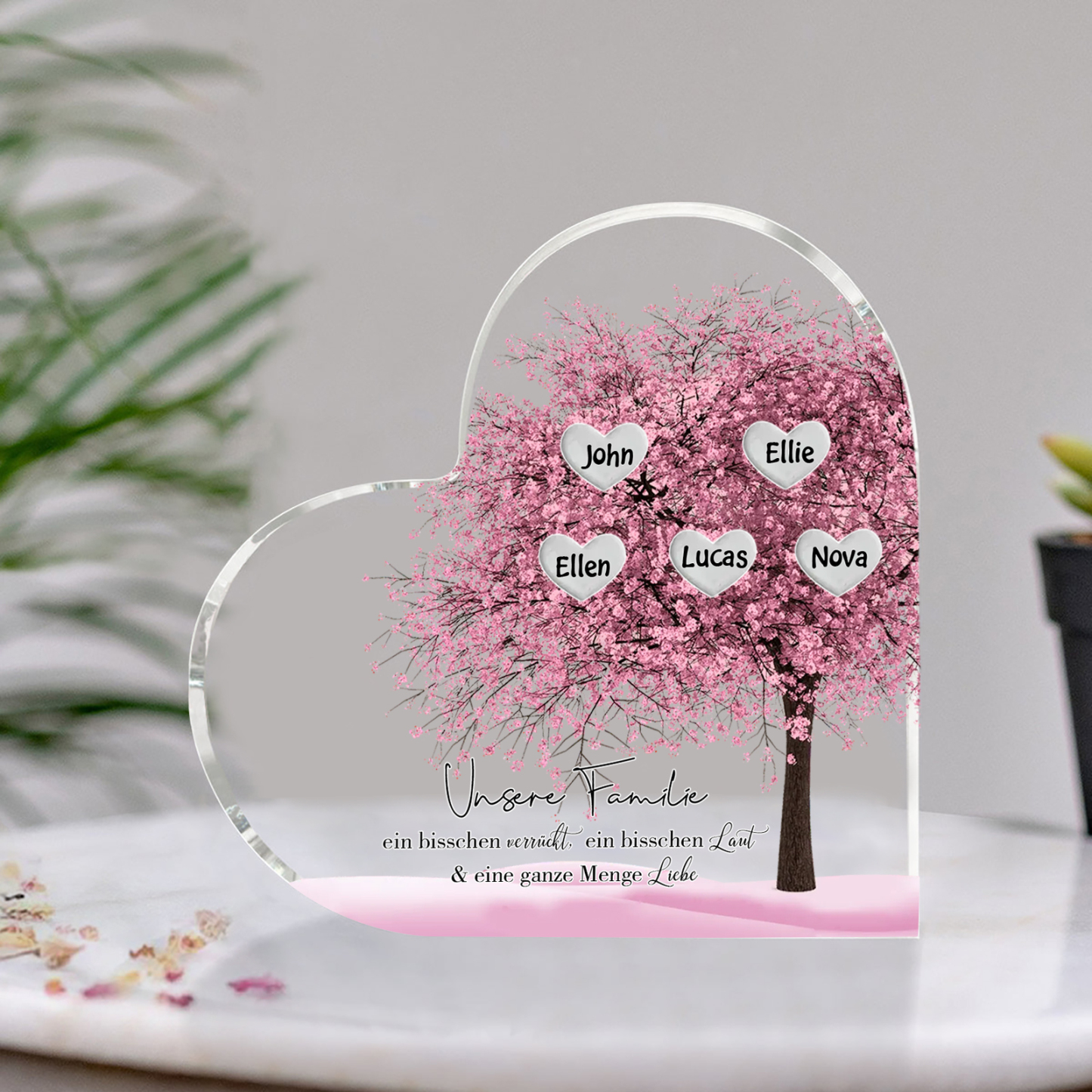 Personalisierte 5 Namen & Text Herz Acryl-Deko Familienbaum– Schreibtischdekoration für die Familie