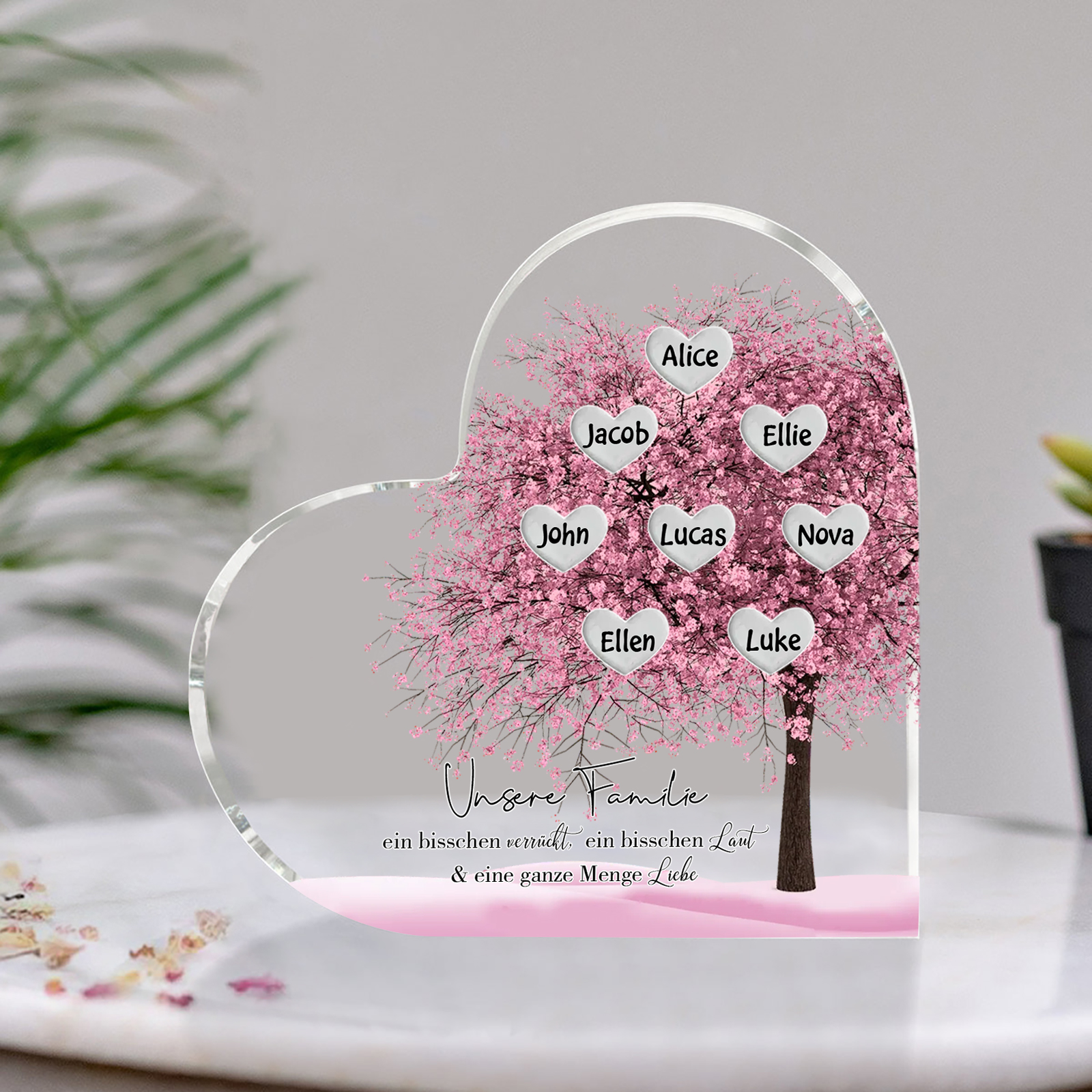 Personalisierte 8 Namen & Text Herz Acryl-Deko Familienbaum– Schreibtischdekoration für die Familie