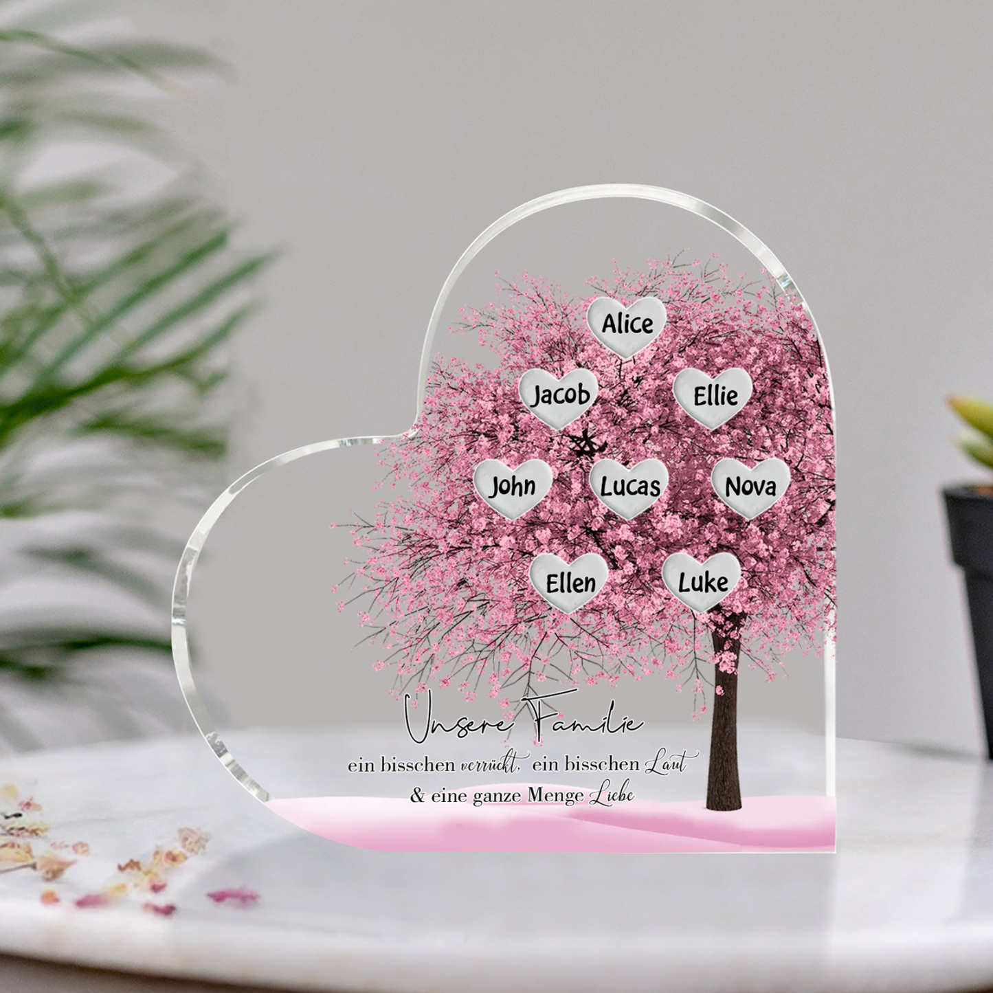 Personalisierte 8 Namen & Text Herz Acryl-Deko Familienbaum– Schreibtischdekoration für die Familie