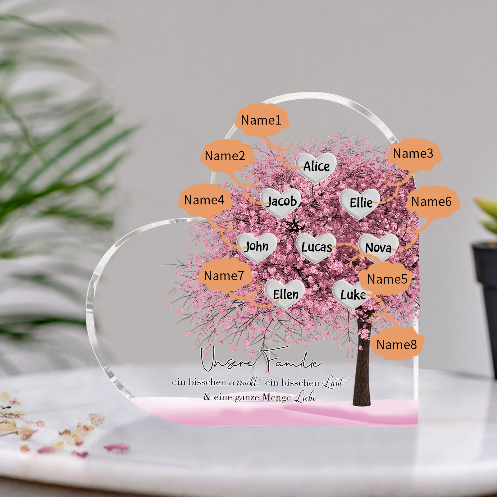Personalisierte 8 Namen & Text Herz Acryl-Deko Familienbaum– Schreibtischdekoration für die Familie