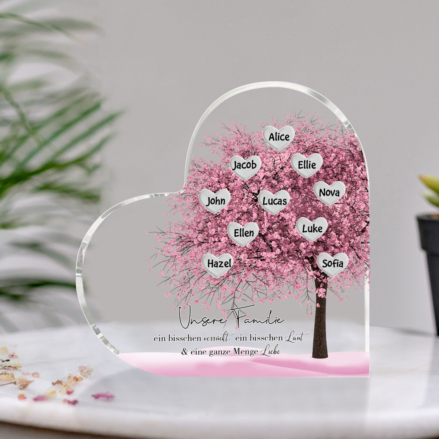 Personalisierte 10 Namen & Text Herz Acryl-Deko Familienbaum– Schreibtischdekoration für die Familie