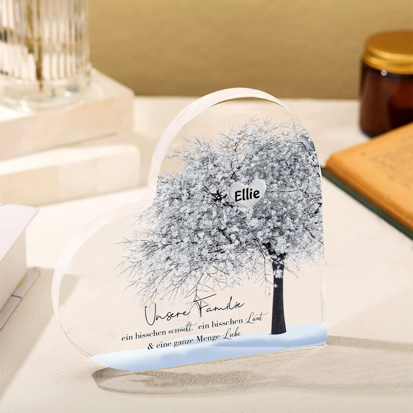 Personalisierter 1 Name & Text Herz Acryl-Deko Familienbaum– Schreibtischdekoration für die Familie