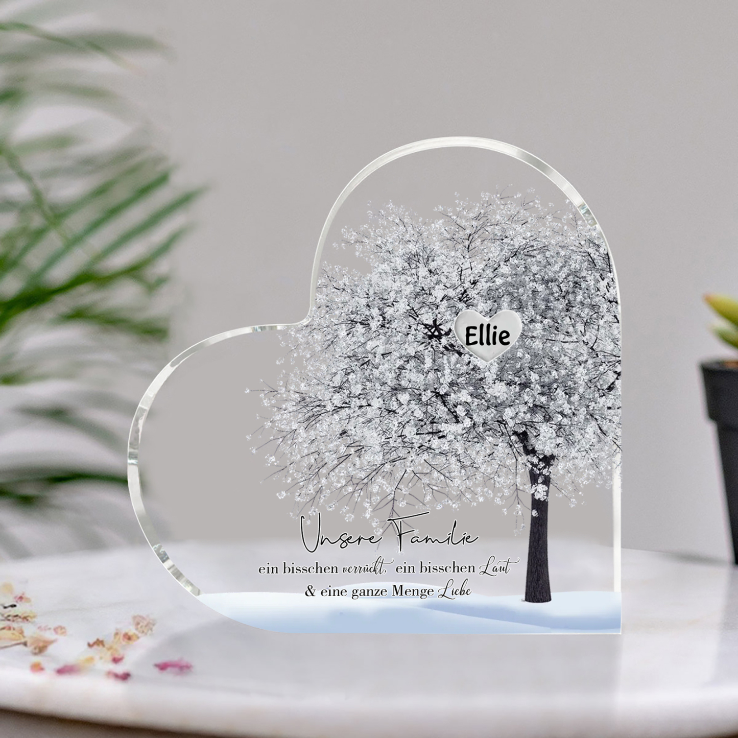 Personalisierter 1 Name & Text Herz Acryl-Deko Familienbaum– Schreibtischdekoration für die Familie
