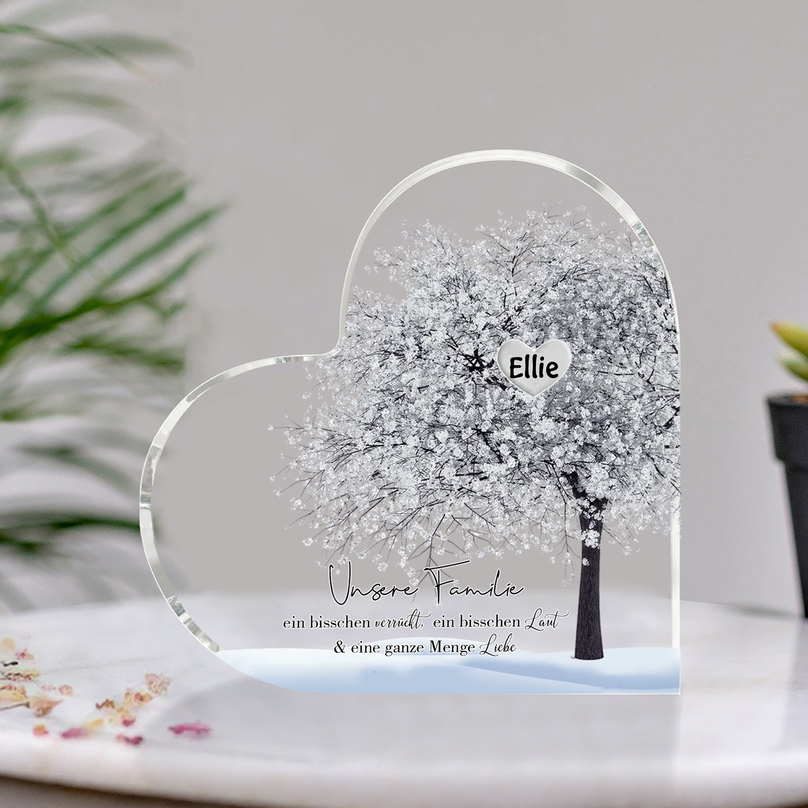 Personalisierter 1 Name & Text Herz Acryl-Deko Familienbaum– Schreibtischdekoration für die Familie