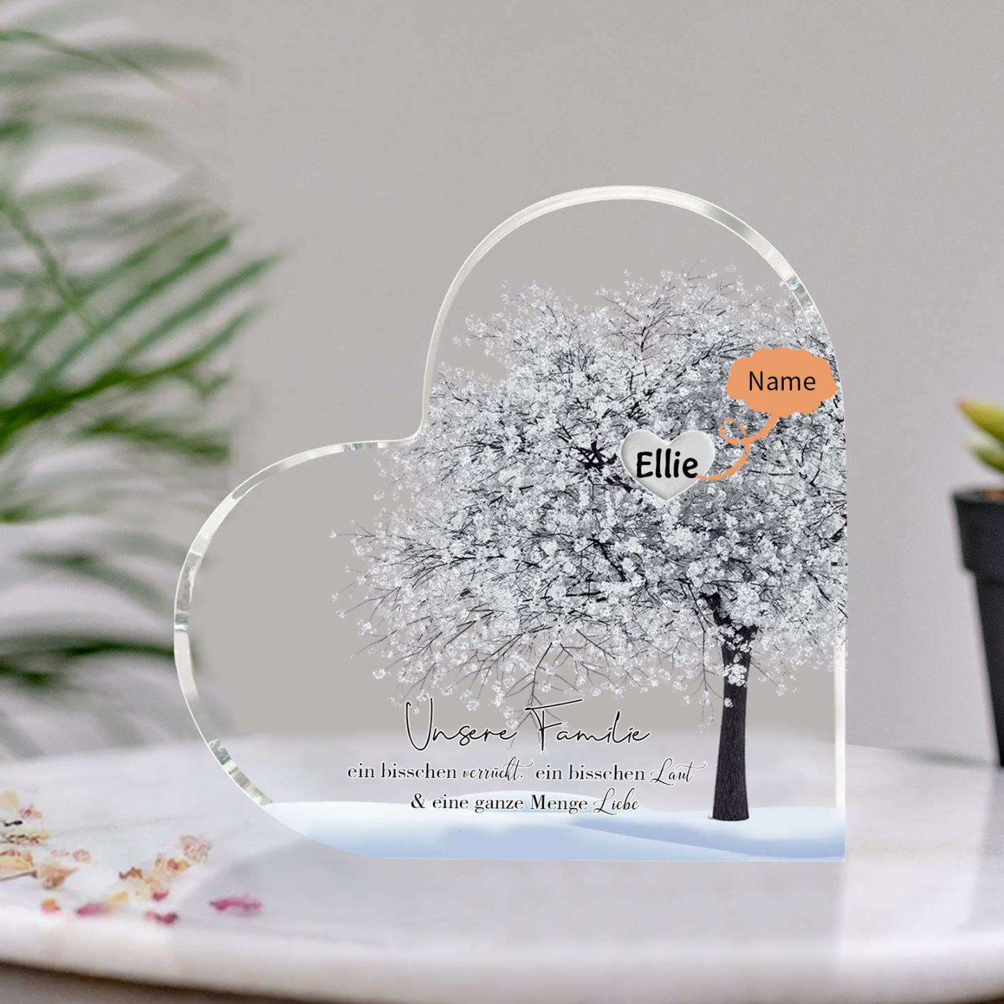 Personalisierter 1 Name & Text Herz Acryl-Deko Familienbaum– Schreibtischdekoration für die Familie