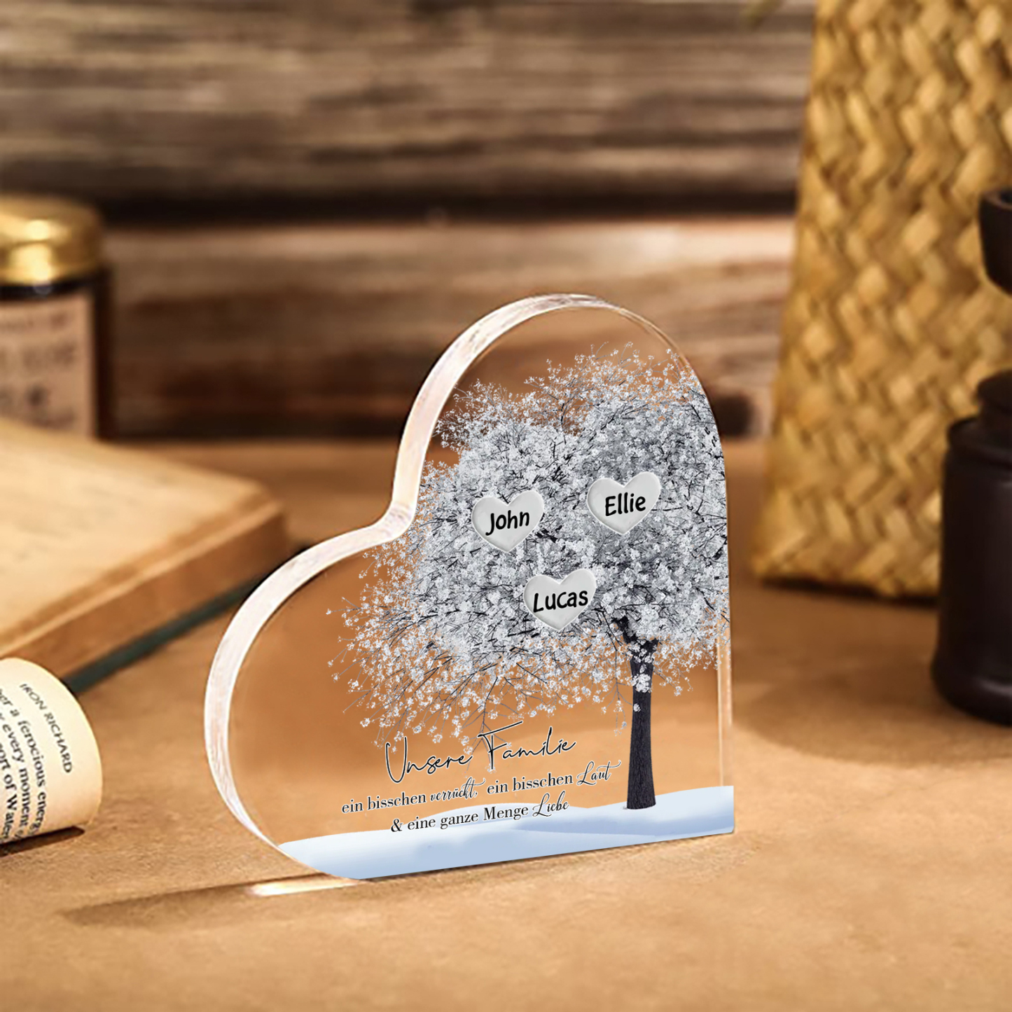 Personalisierte 3 Namen & Text Herz Acryl-Deko Familienbaum– Schreibtischdekoration für die Familie