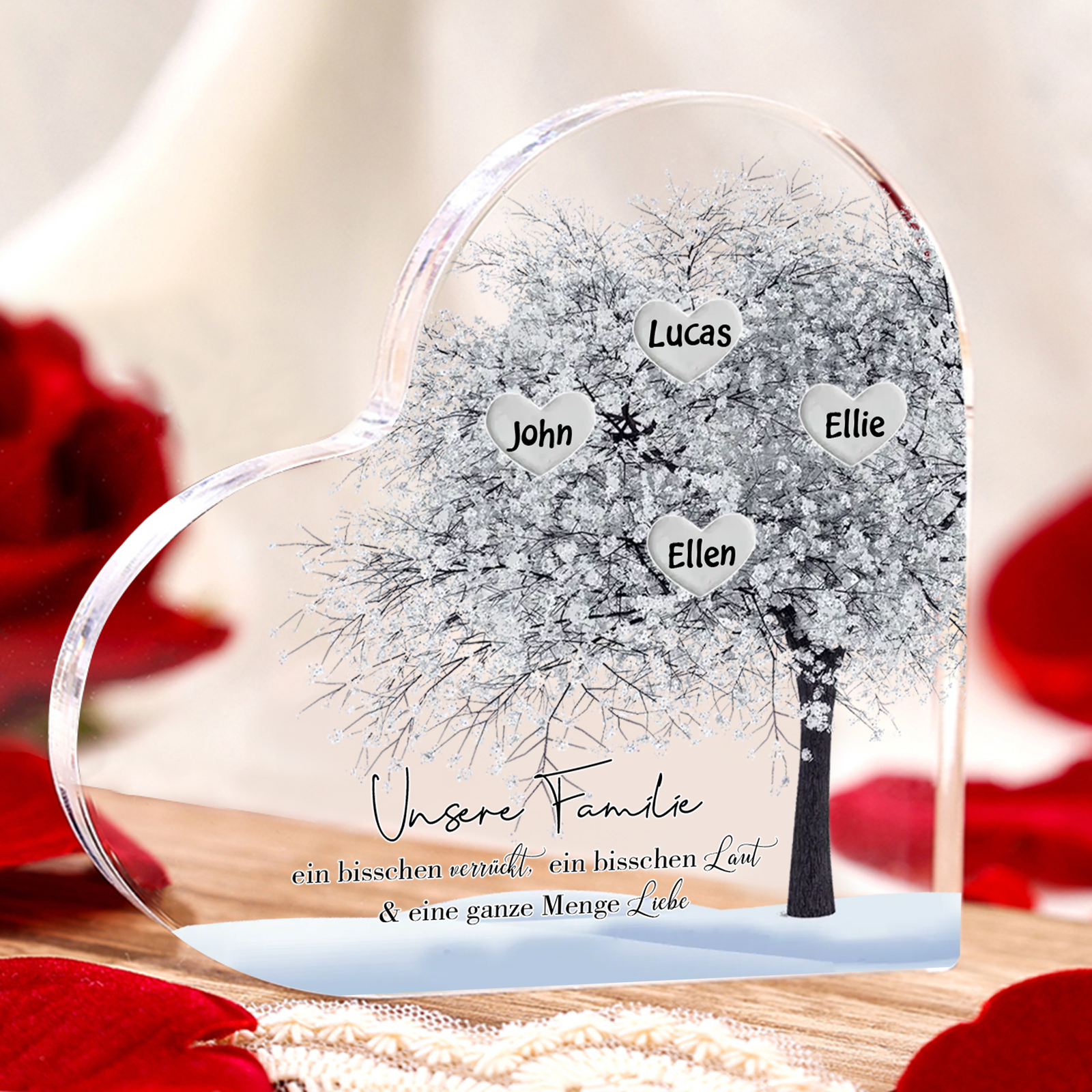 Personalisierte 4 Namen & Text Herz Acryl-Deko Familienbaum– Schreibti