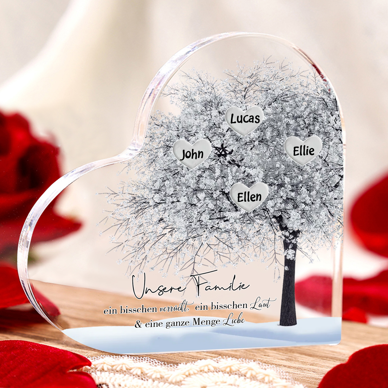 Personalisierte 4 Namen & Text Herz Acryl-Deko Familienbaum– Schreibti