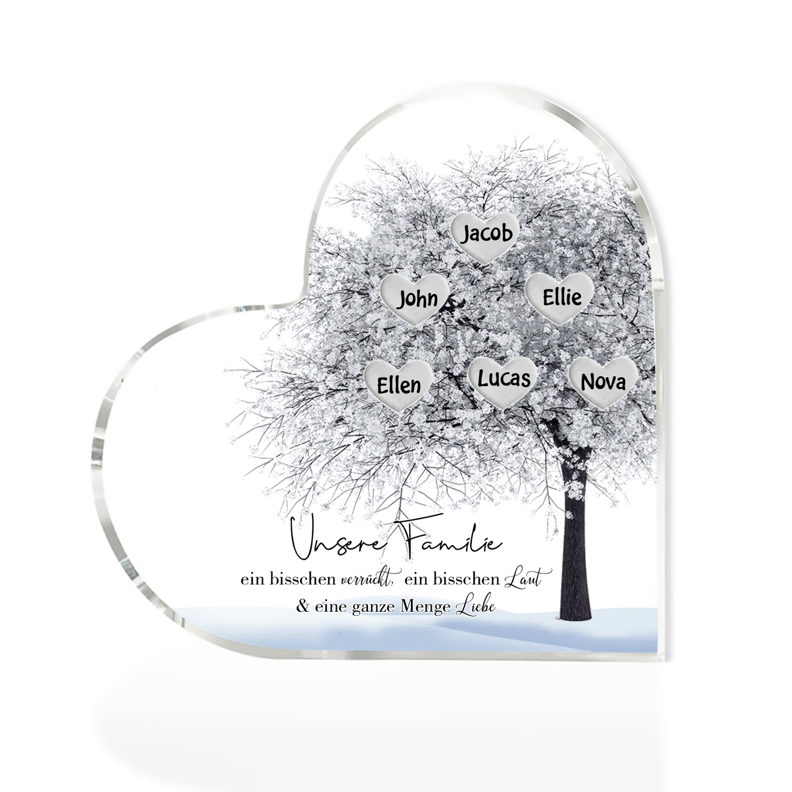 Personalisierte 6 Namen & Text Herz Acryl-Deko Familienbaum– Schreibtischdekoration für die Familie