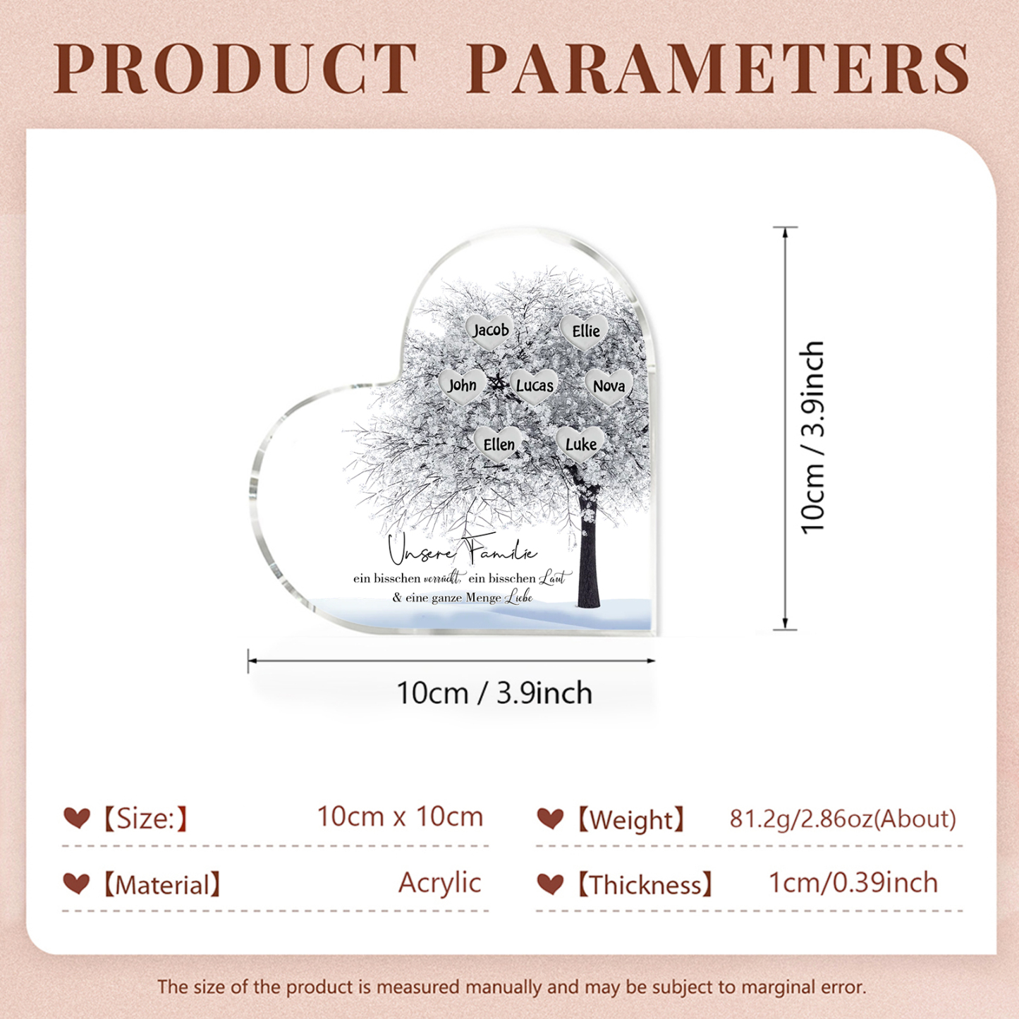Personalisierte 7 Namen & Text Herz Acryl-Deko Familienbaum– Schreibtischdekoration für die Familie