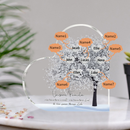 Personalisierte 7 Namen & Text Herz Acryl-Deko Familienbaum– Schreibtischdekoration für die Familie