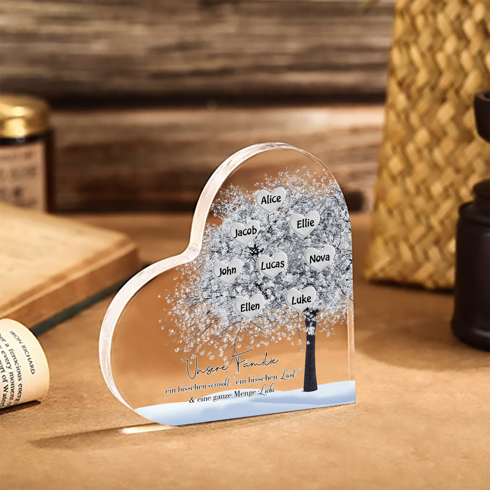 Personalisierte 8 Namen & Text Herz Acryl-Deko Familienbaum– Schreibtischdekoration für die Familie