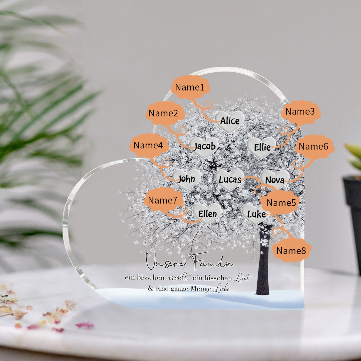Personalisierte 8 Namen & Text Herz Acryl-Deko Familienbaum– Schreibtischdekoration für die Familie
