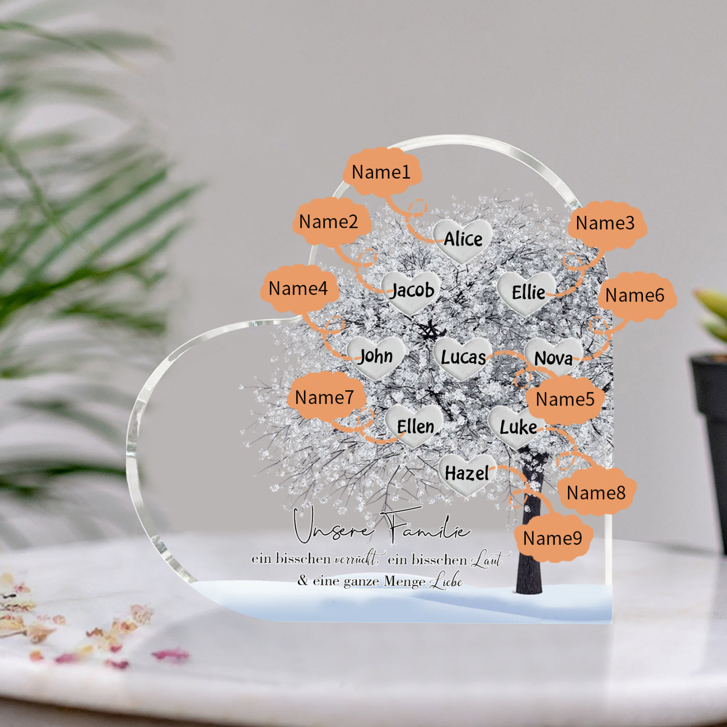 Personalisierte 9 Namen & Text Herz Acryl-Deko Familienbaum– Schreibtischdekoration für die Familie