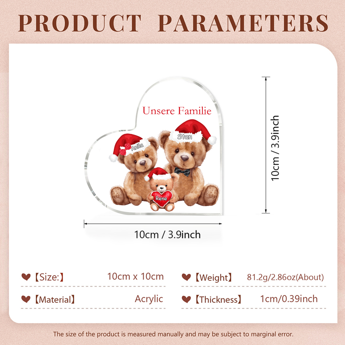 Personalisierte 3 Namen & Text Herz Acryl-Deko – Teddybären Familie – Geschenk für Opa Oma Großeltern